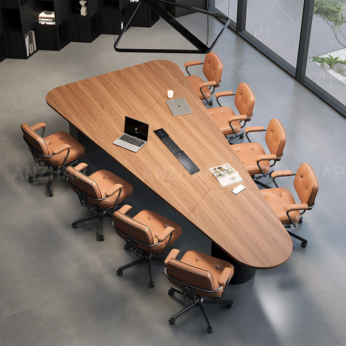 Solid Wood Executive Conference Table with Built-In Power Outlets and Curved Top