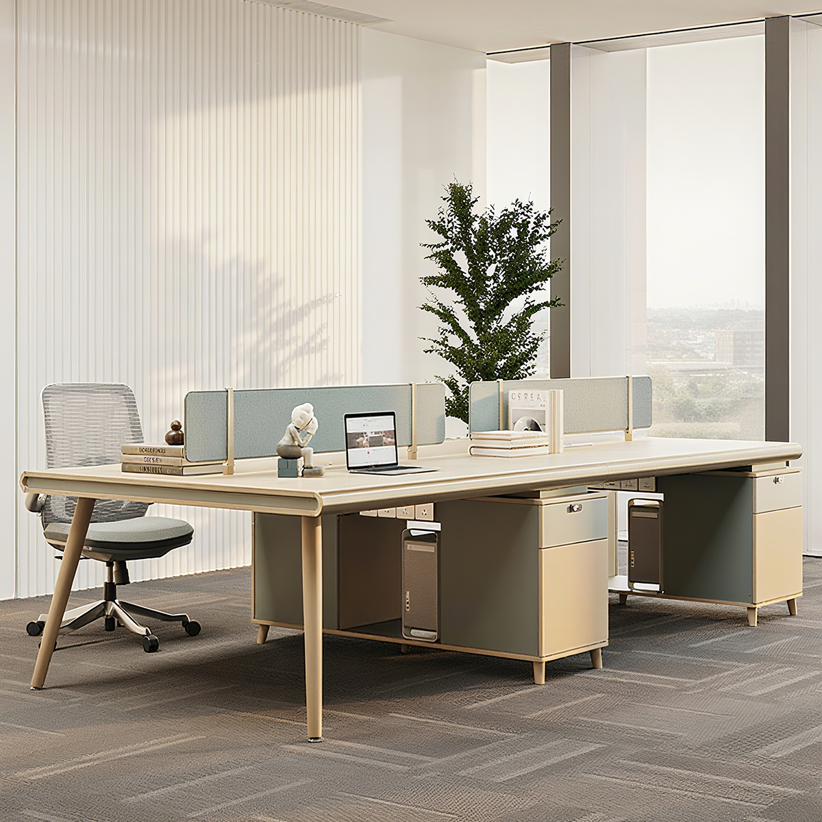 Modern Office Desk Oak Legs Privacy Panel Lockable Drawer Cable Management