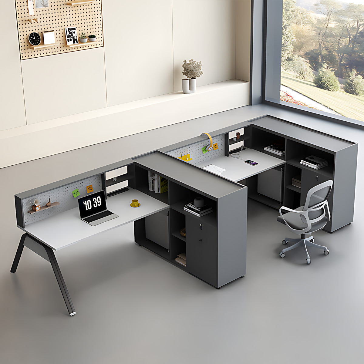 Sleek Office Desk with Integrated Power, Storage & Pegboard