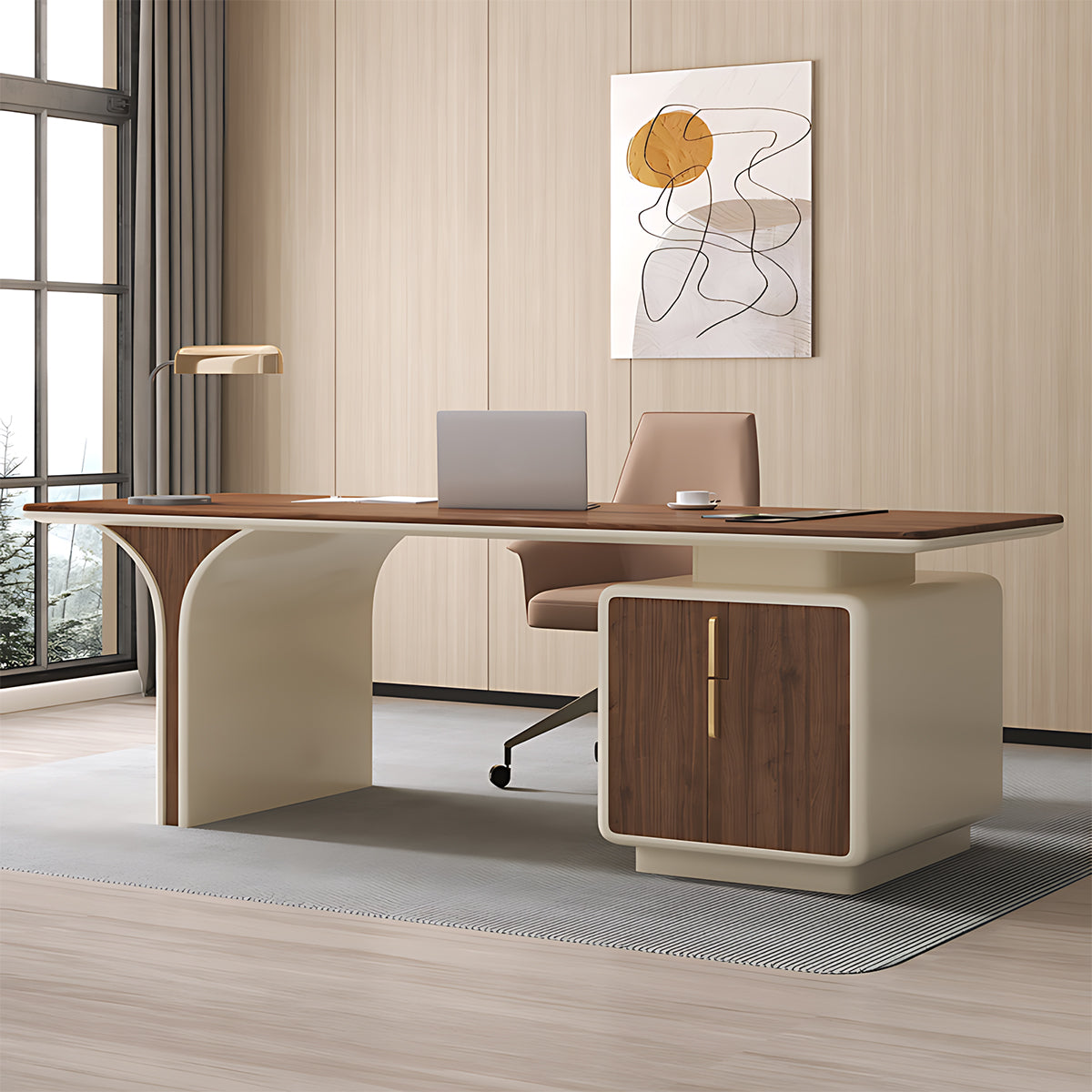 Sleek Walnut Office Desk with Cable Box Minimalist Design