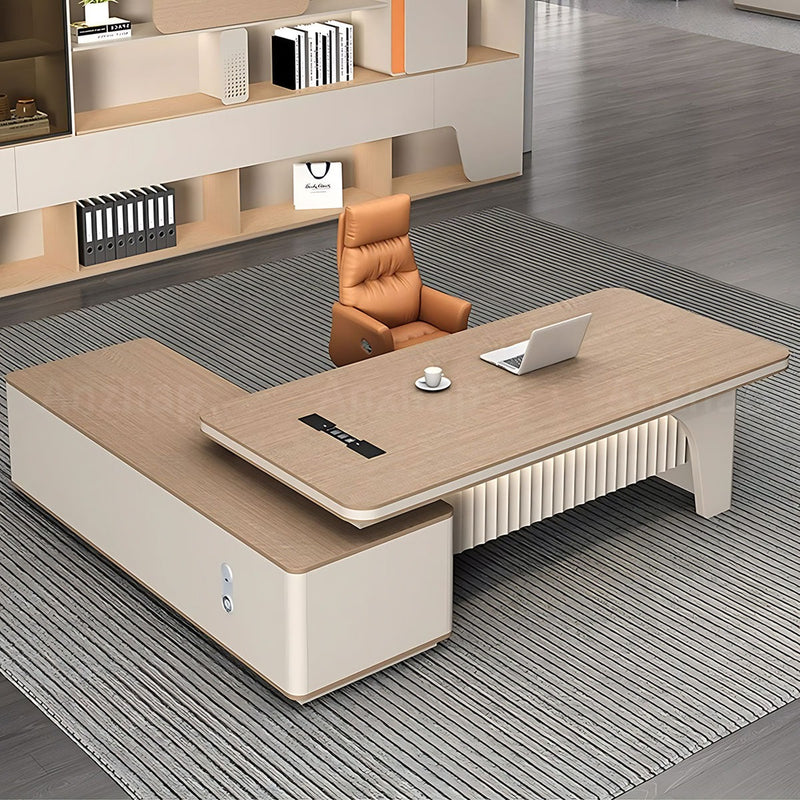 Contemporary Khaki L-Shaped Executive Desk with Elegant LED Accent Lighting