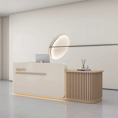 Sleek Reception Desk with Ample Storage & Functional Layout