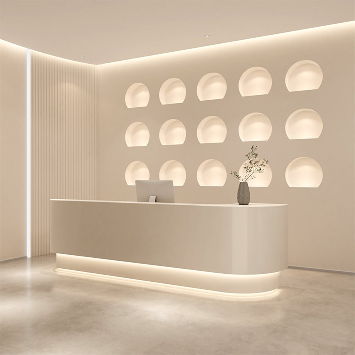 Modern Curved Reception Desk with LED Lighting, Locking Drawers, and Privacy Panel