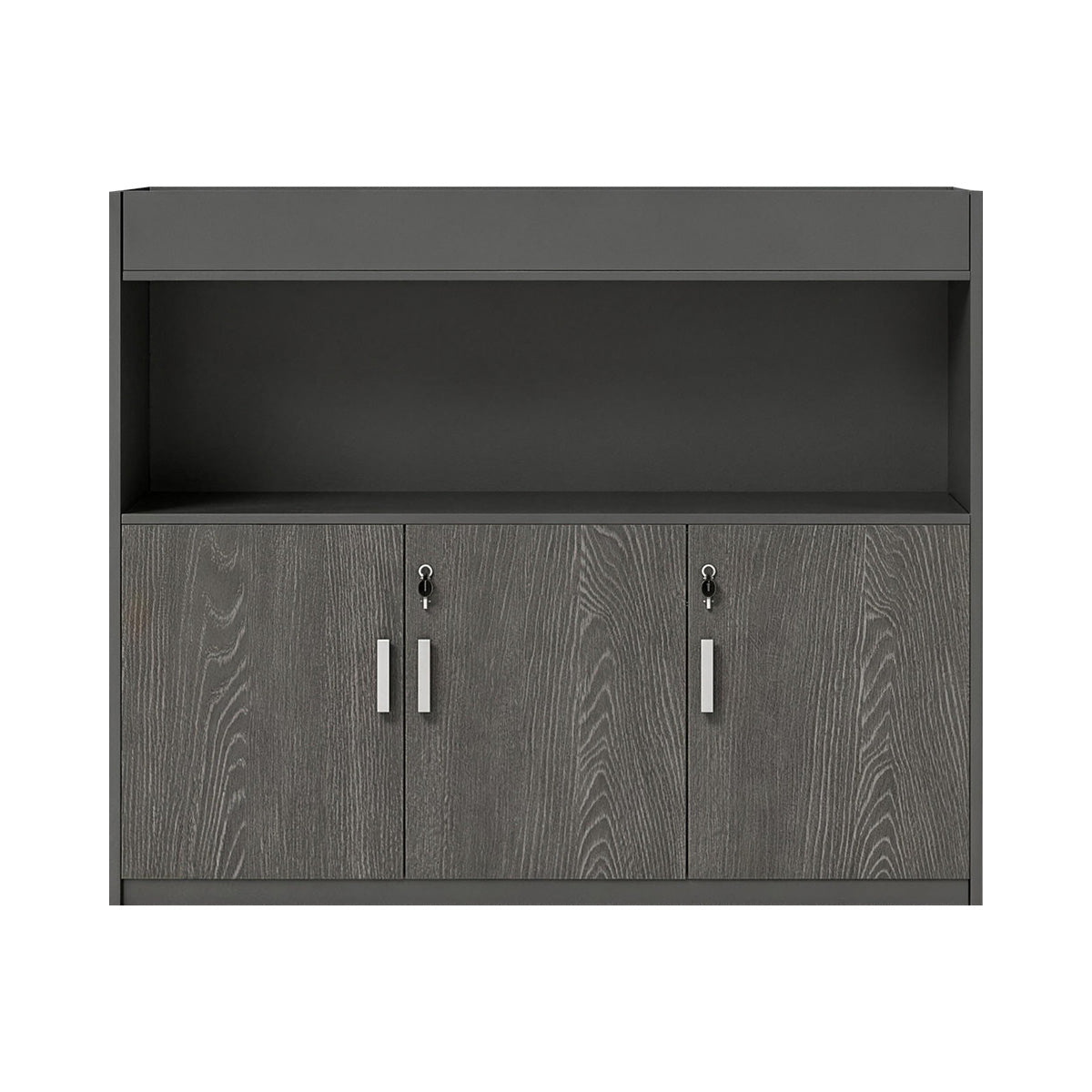 Scandinavian-Style Office Storage Cabinet with Open Cubbies and Wood-Tone Doors