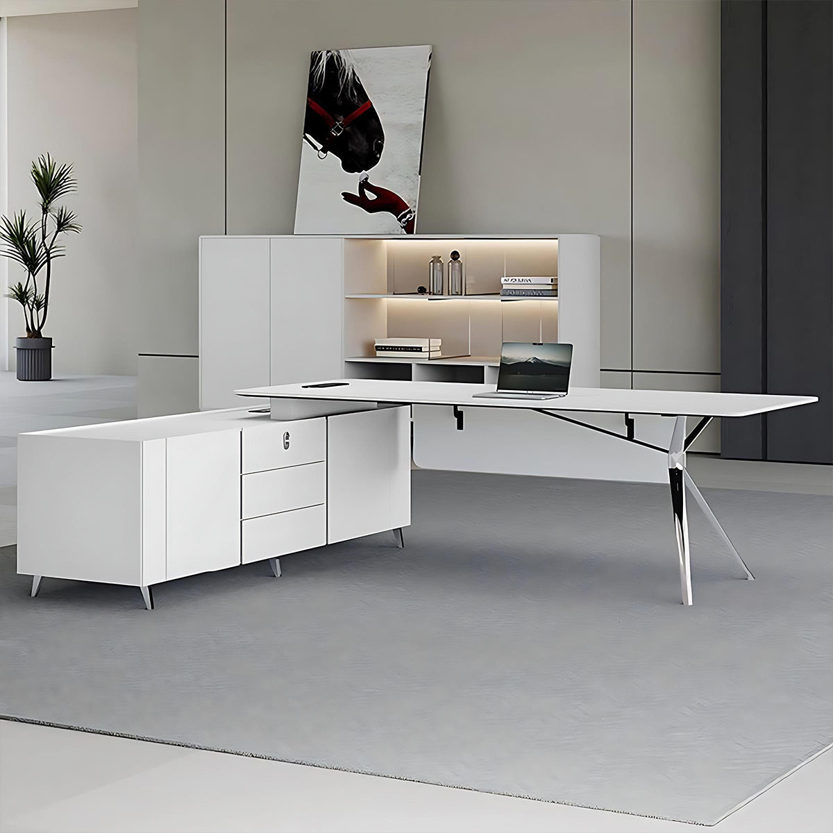 Modern Office Desk with Drawers Storage Aluminum Legs Cable Management