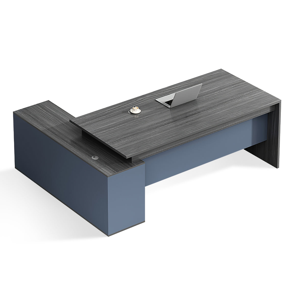L-Shaped Executive Desk, right side cabinet configuration, Gary + Blue finish, L47" x W47" x H30", for office workspace, executive office furniture