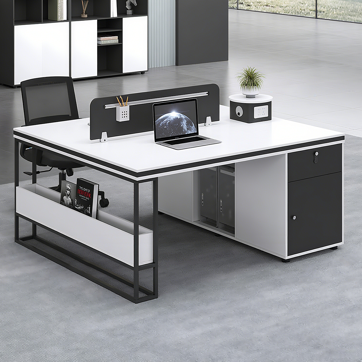 Stylish Multi-Functional Black and White Cubicle Desk with Sturdy Steel Frame Legs and Practical Privacy Panel