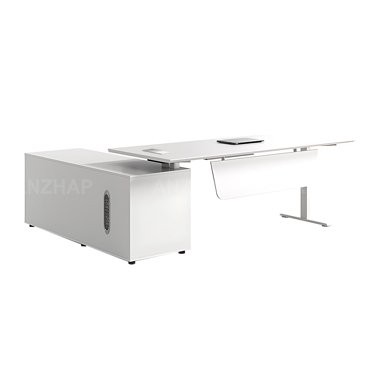 Contemporary Executive Sit-stand Desk for Office & Corporate Workspace with Wired Charging & Side Storage Cabinet (71–87")
