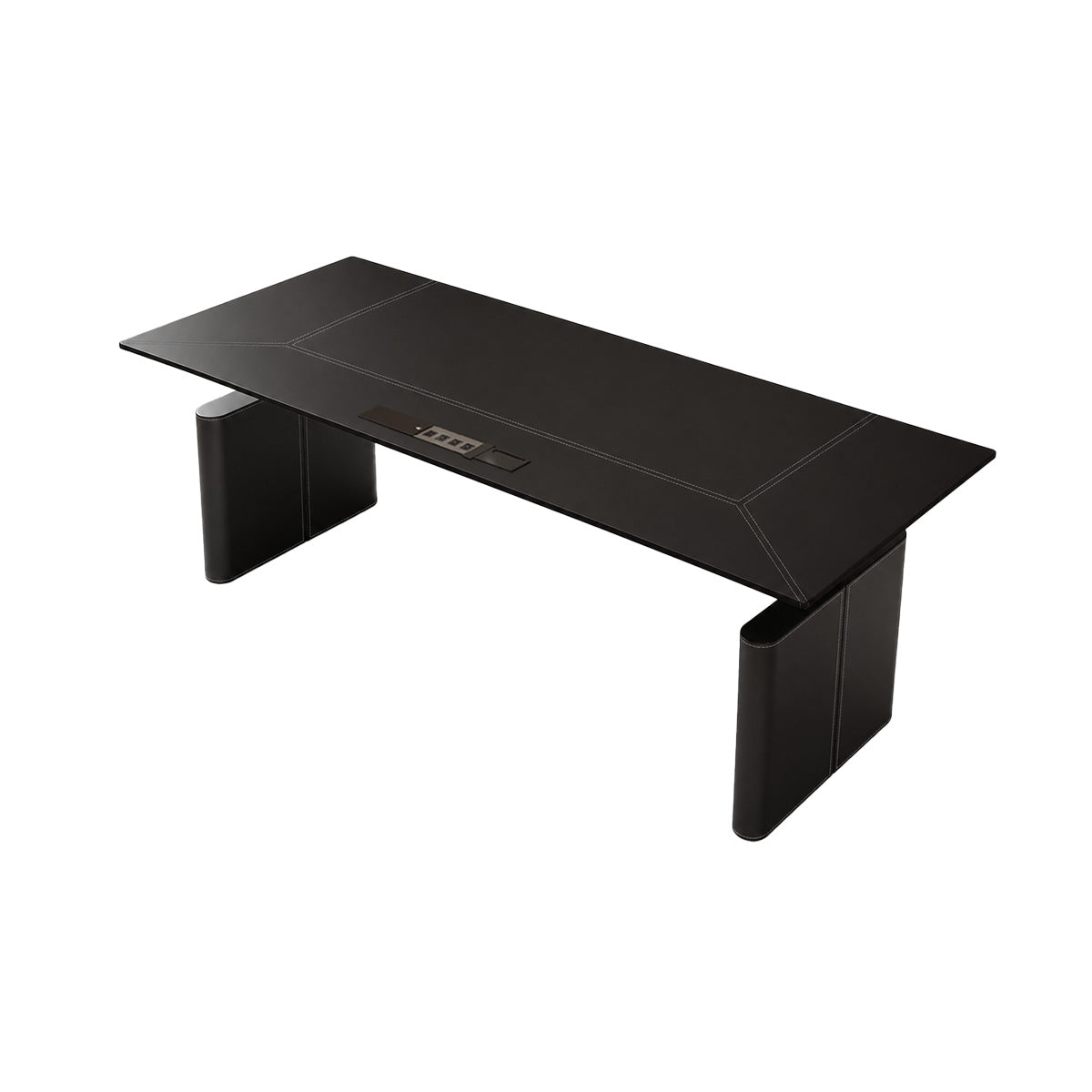 Electric Height-Adjustable Executive Desk with Power Hub and Saddle Leather Top
