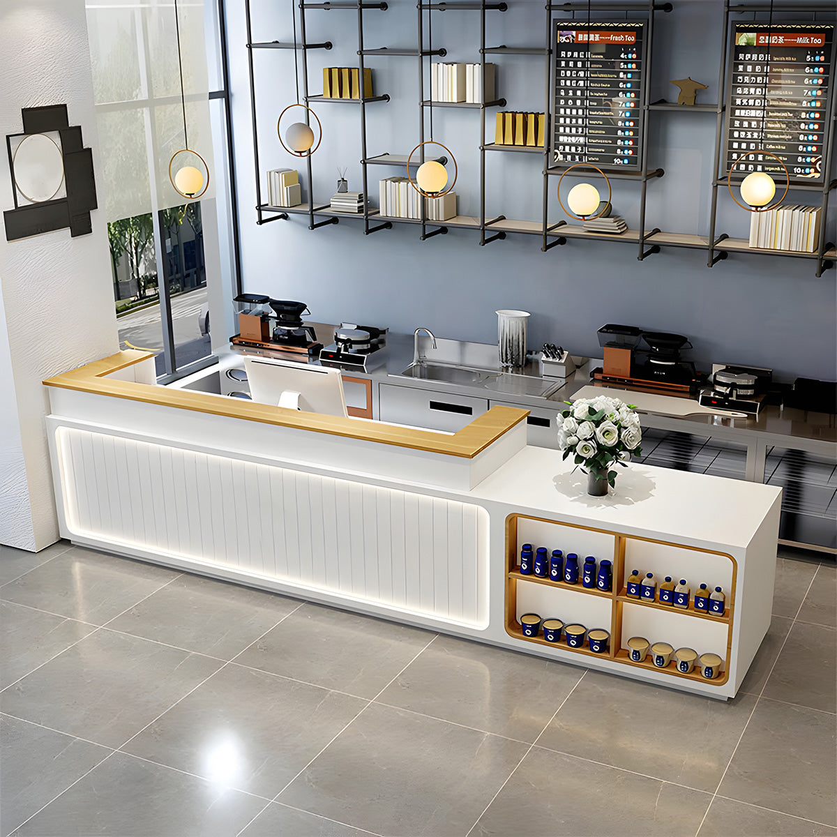 Modern Reception Desk with Display Shelves & LED Accent Lighting