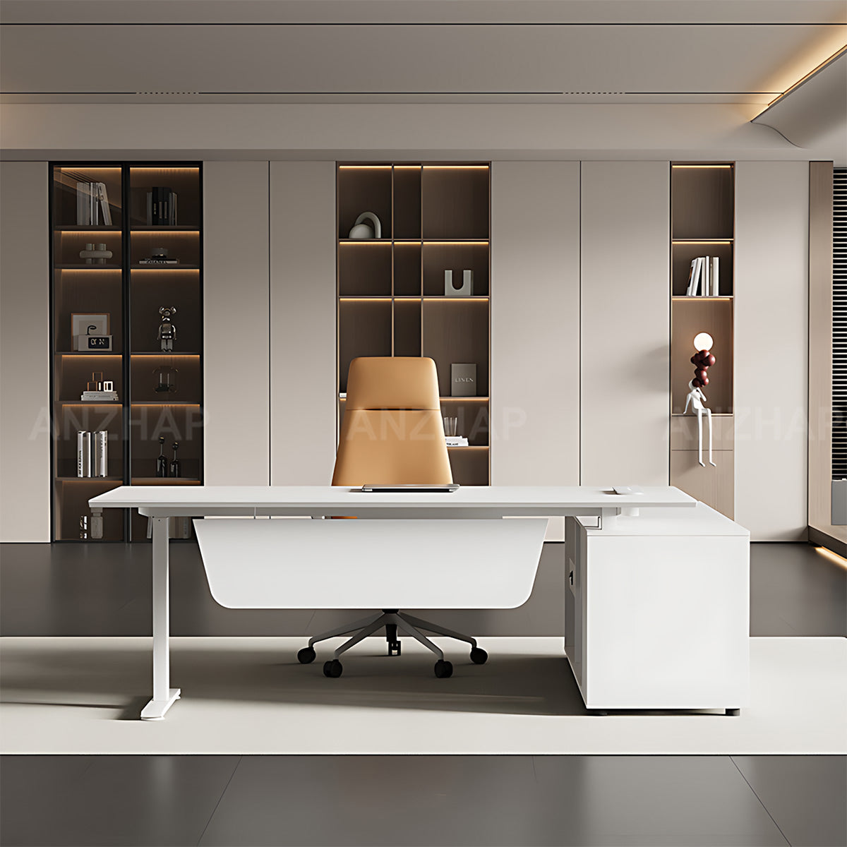 Contemporary Executive Sit-stand Desk for Office & Corporate Workspace with Wired Charging & Side Storage Cabinet (71–87")