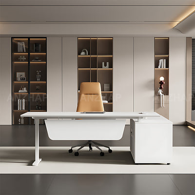 Contemporary Executive Sit-stand Desk for Office & Corporate Workspace with Wired Charging & Side Storage Cabinet (71–87")