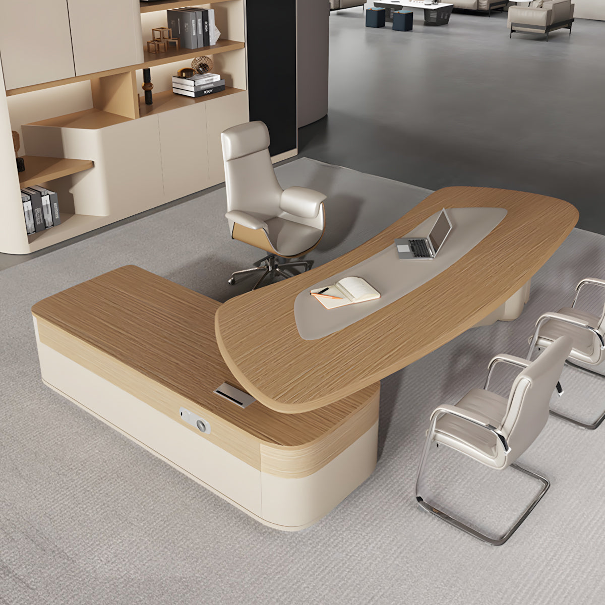Modern Minimalist L-Shaped Executive Desk 71–126 in Wide with Cable Management, Built-In Power Outlets, Lockable Drawers & Solid Wood