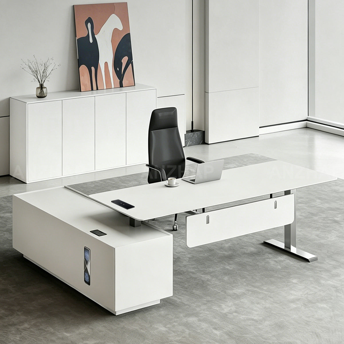 Modern Height-Adjustable Executive Desk with Power Outlets and Secure Side Storage