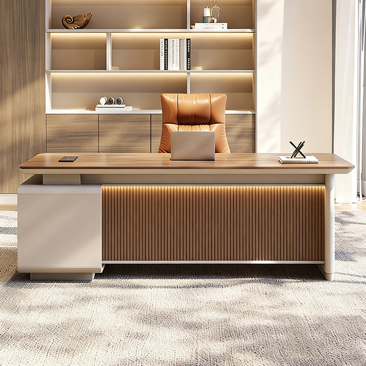 Modern Luxury Executive Desk with Built-In Power Outlet, Rounded Corners, and Ample Storage