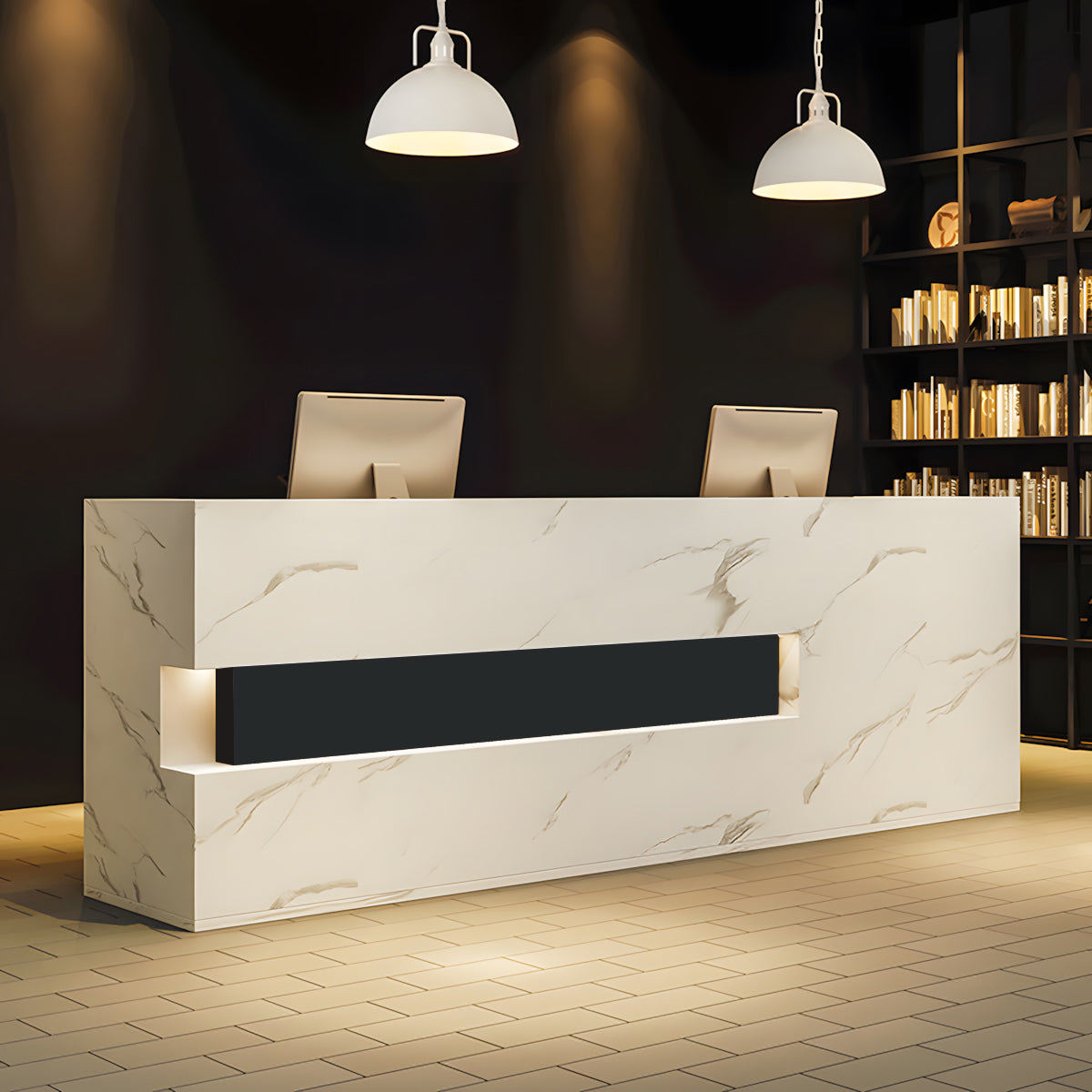 Reception Desk, angled product view, Retro Rectangular Solid Wood Reception Desk finish, for reception area or front office, commercial reception furniture