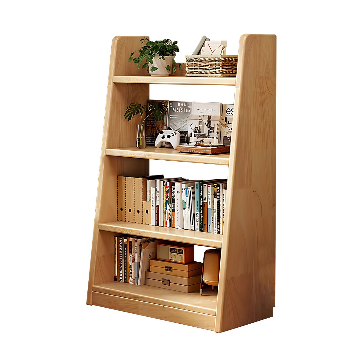 Minimalist Pine Wood Bookshelf Modern Storage Stable Design Trapezoidal