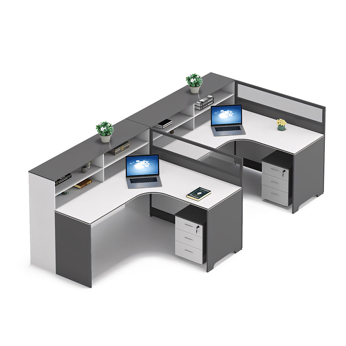 Modern L-Shaped Office Desk with Integrated Shelving & Partition Panels