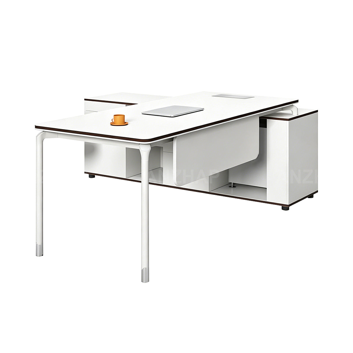 Modern Executive Desk with Built-In Power, Storage Cabinet, and Modesty Panel