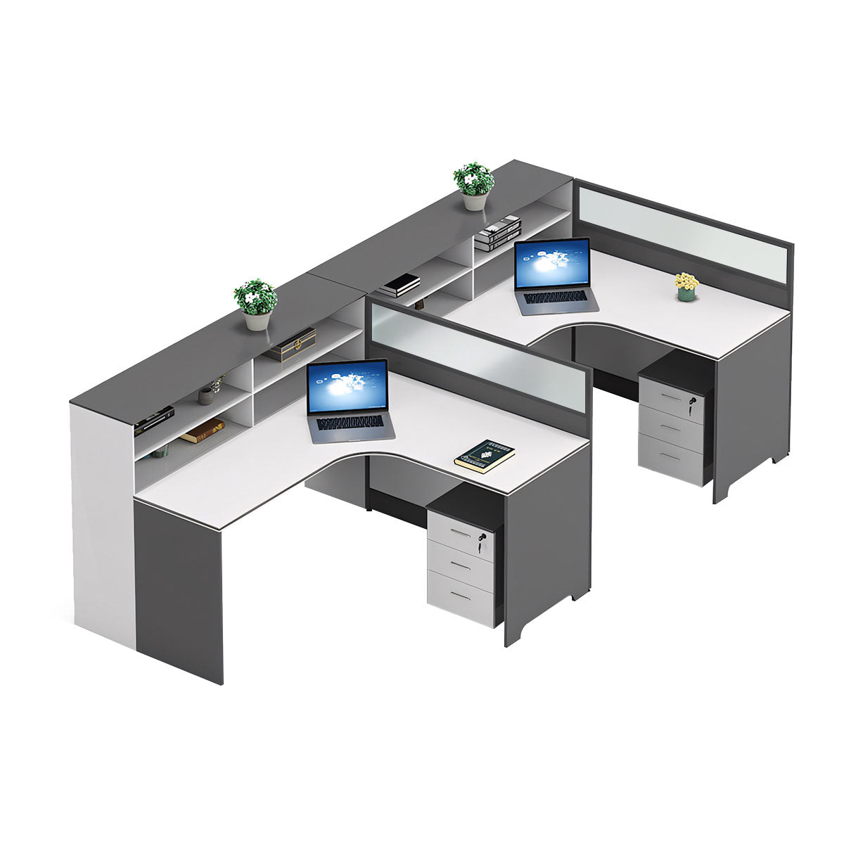 Modern L-Shaped Office Desk with Integrated Shelving & Partition Panels