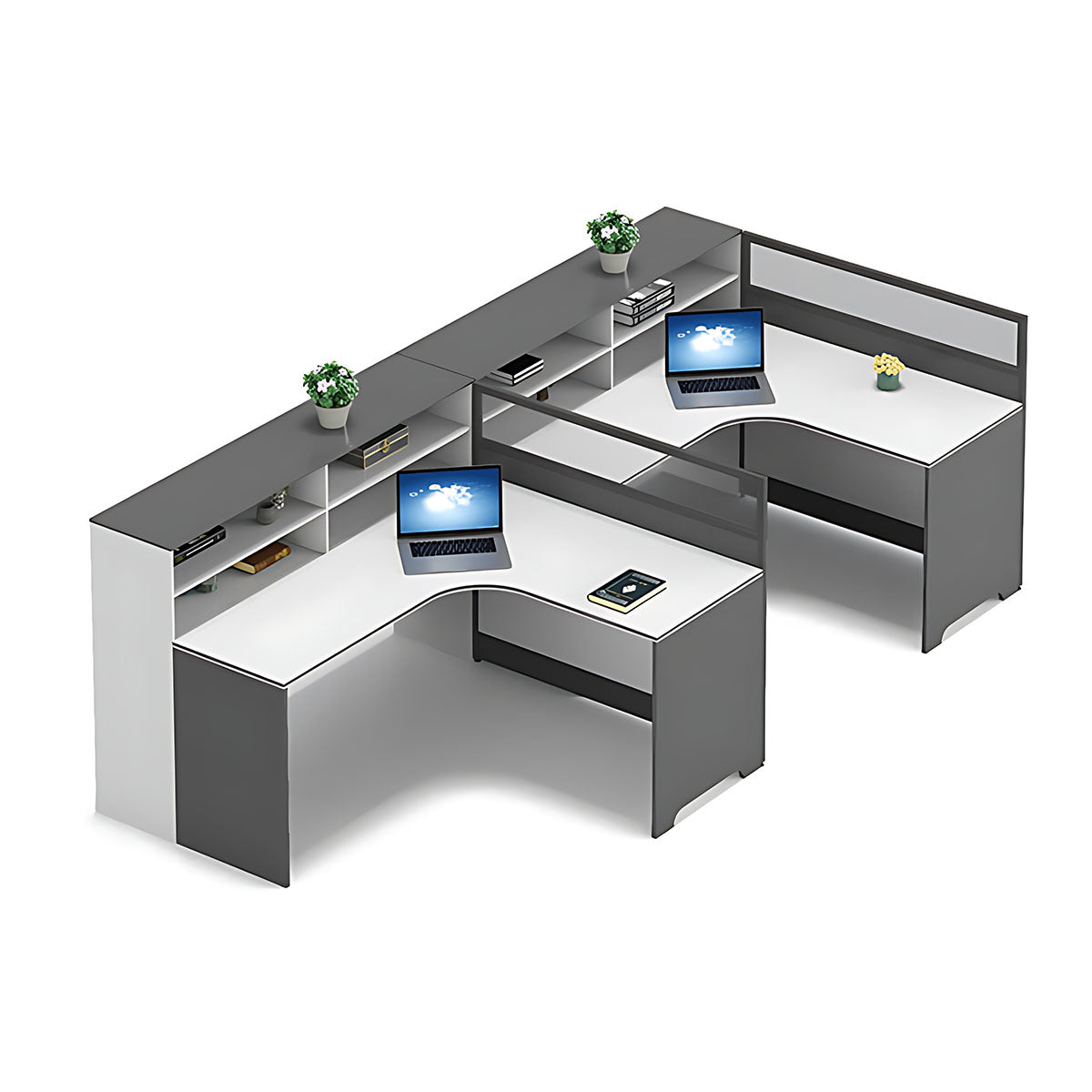 Modern L-Shaped Office Desk with Integrated Shelving & Partition Panels