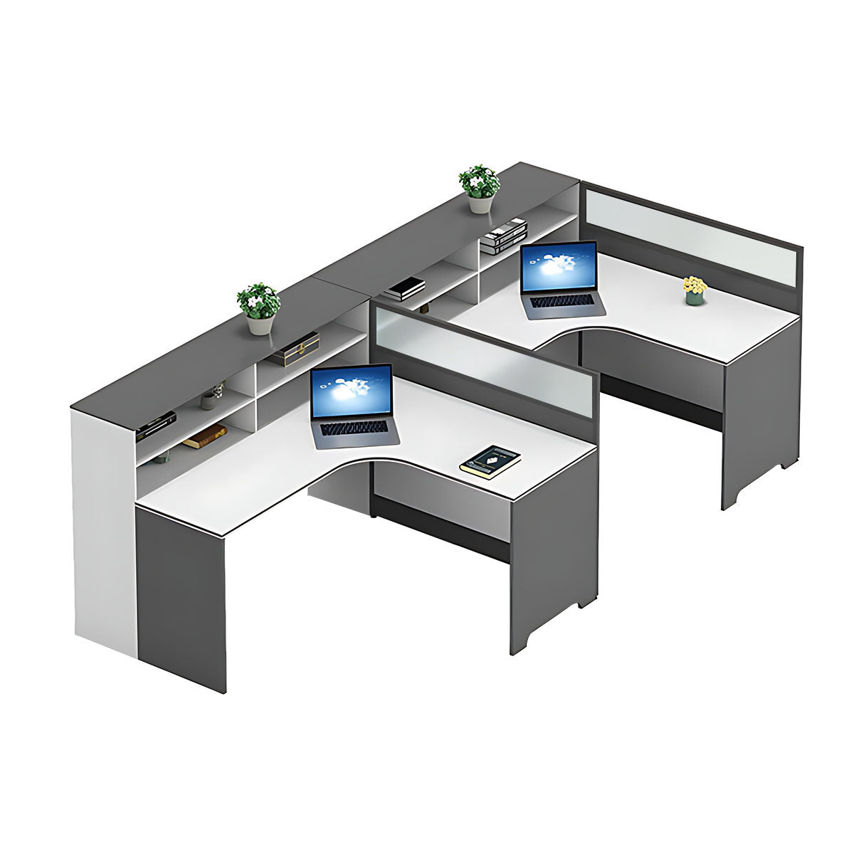 Modern L-Shaped Office Desk with Integrated Shelving & Partition Panels