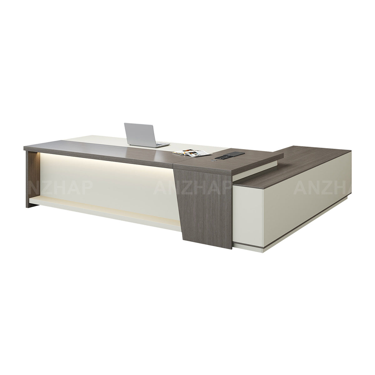 Modern Minimalist L-Shaped Executive Desk 79–94 in Wide with Cable Management, Built-In Power Outlets, Lockable Drawers & LED Accent Lighting