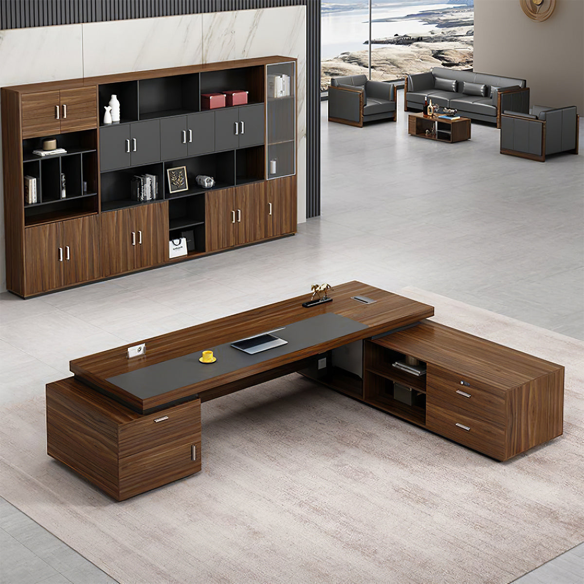 Modern L-Shaped Executive Desk with Drawers and Cabinet（Stock Items）