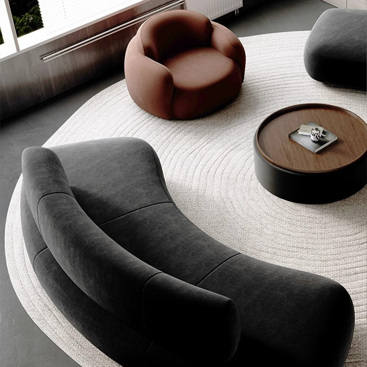 Vintage High-End Curved Black Backrest Sofa with Thick Cushions