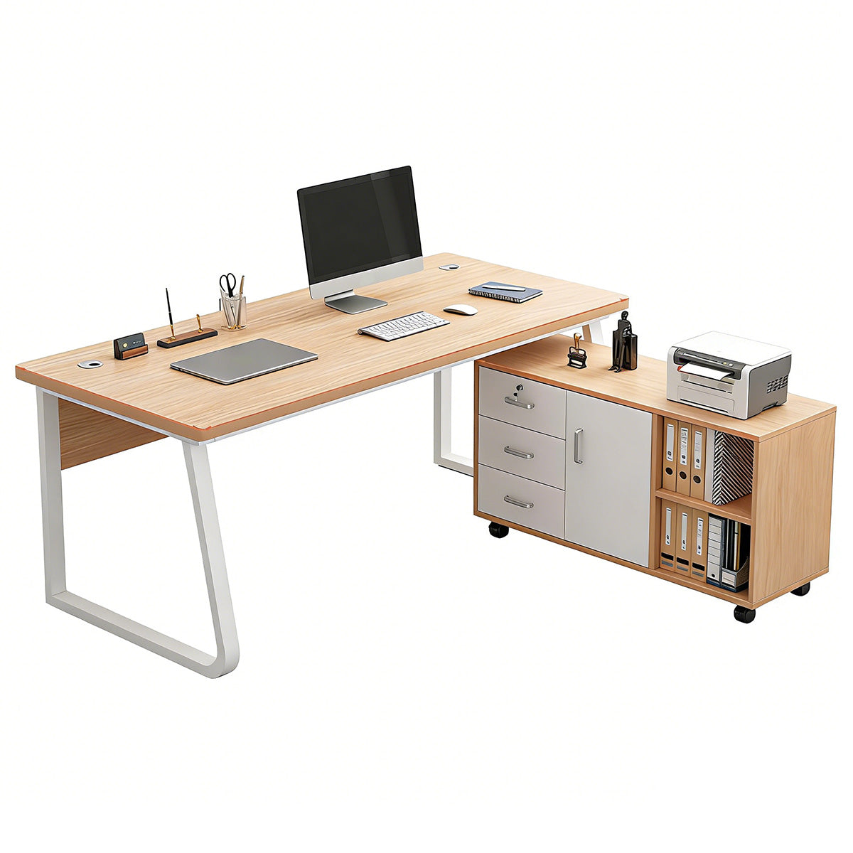 Sturdy Office Desk with Mobile Side Cabinet and Steel Legs for Workspace