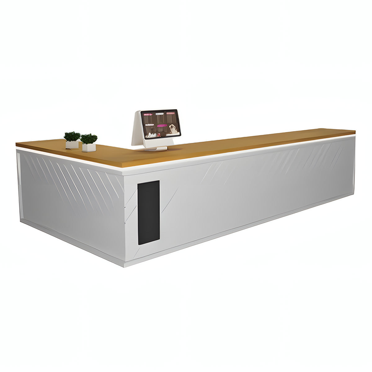 L-Shaped Reception Desk 63–102 in Wide with Ample Storage & Transaction Counter