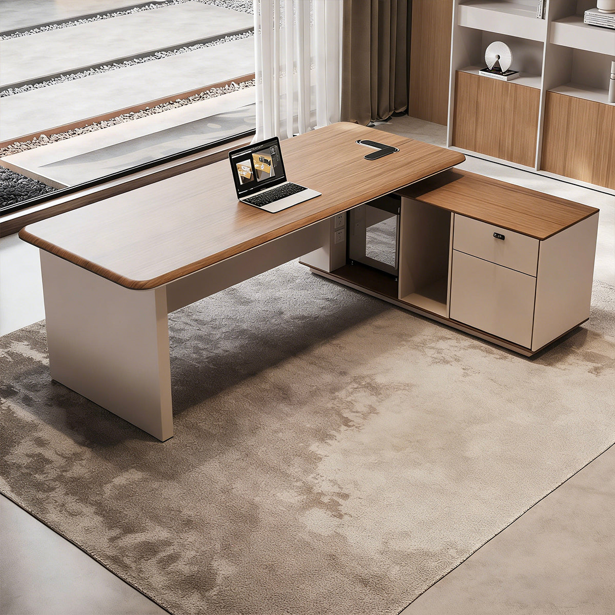 Premium Executive Desk with Power Outlet & Side Cabinet for Office