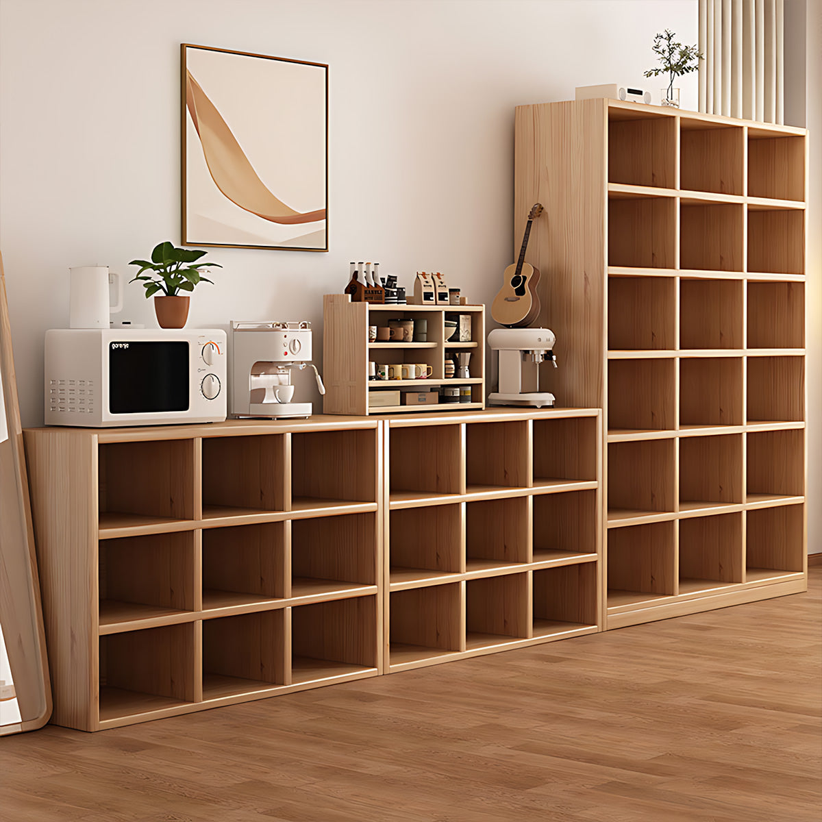 Storage Cabinet, office room scene, Versatile Solid Wood Storage Cabinet With Deep Open Storage & Modular Design finish, for office storage space,...