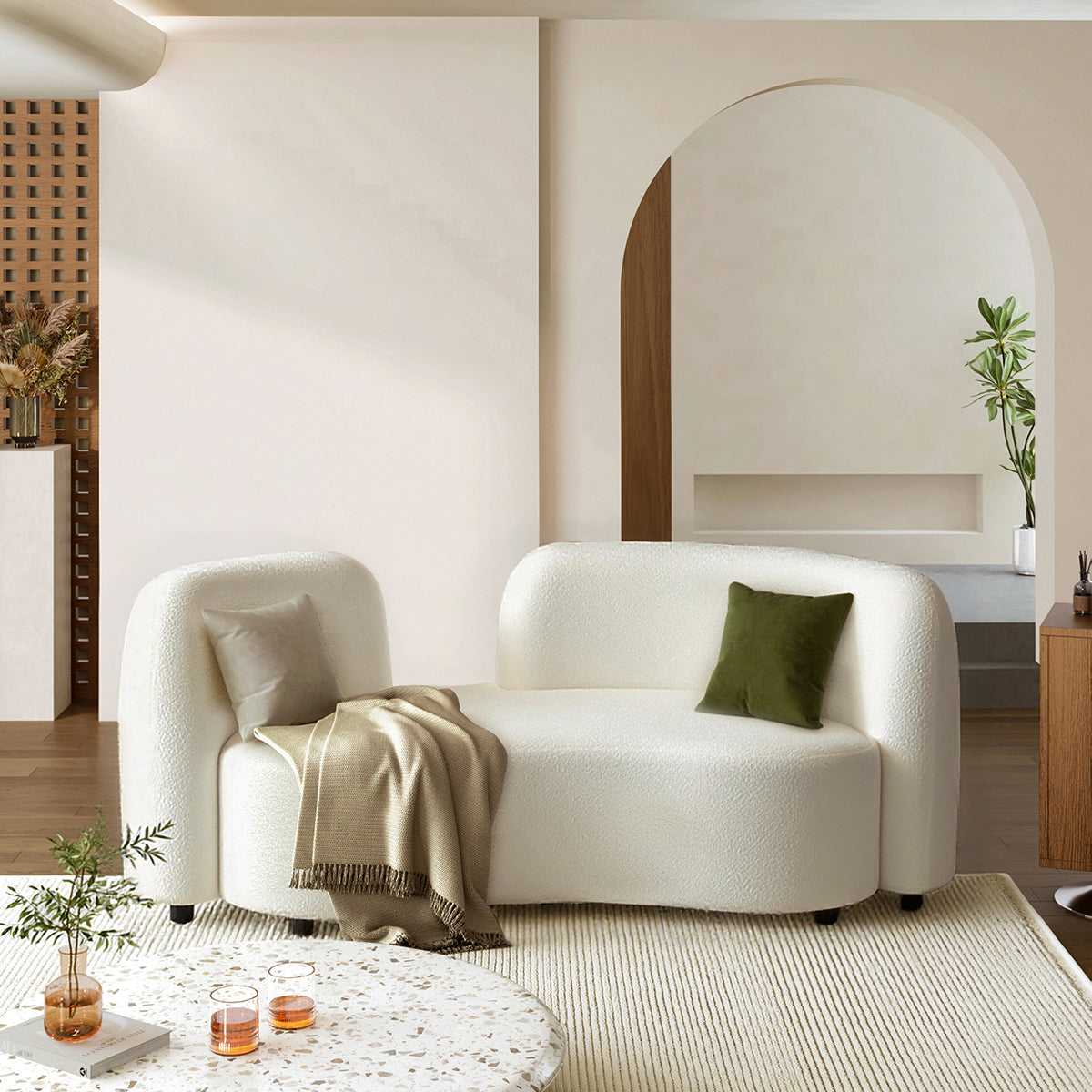 Modern Nordic Curved White Fabric Sofa with Padded Backrest and Wood Frame（Stock Items）
