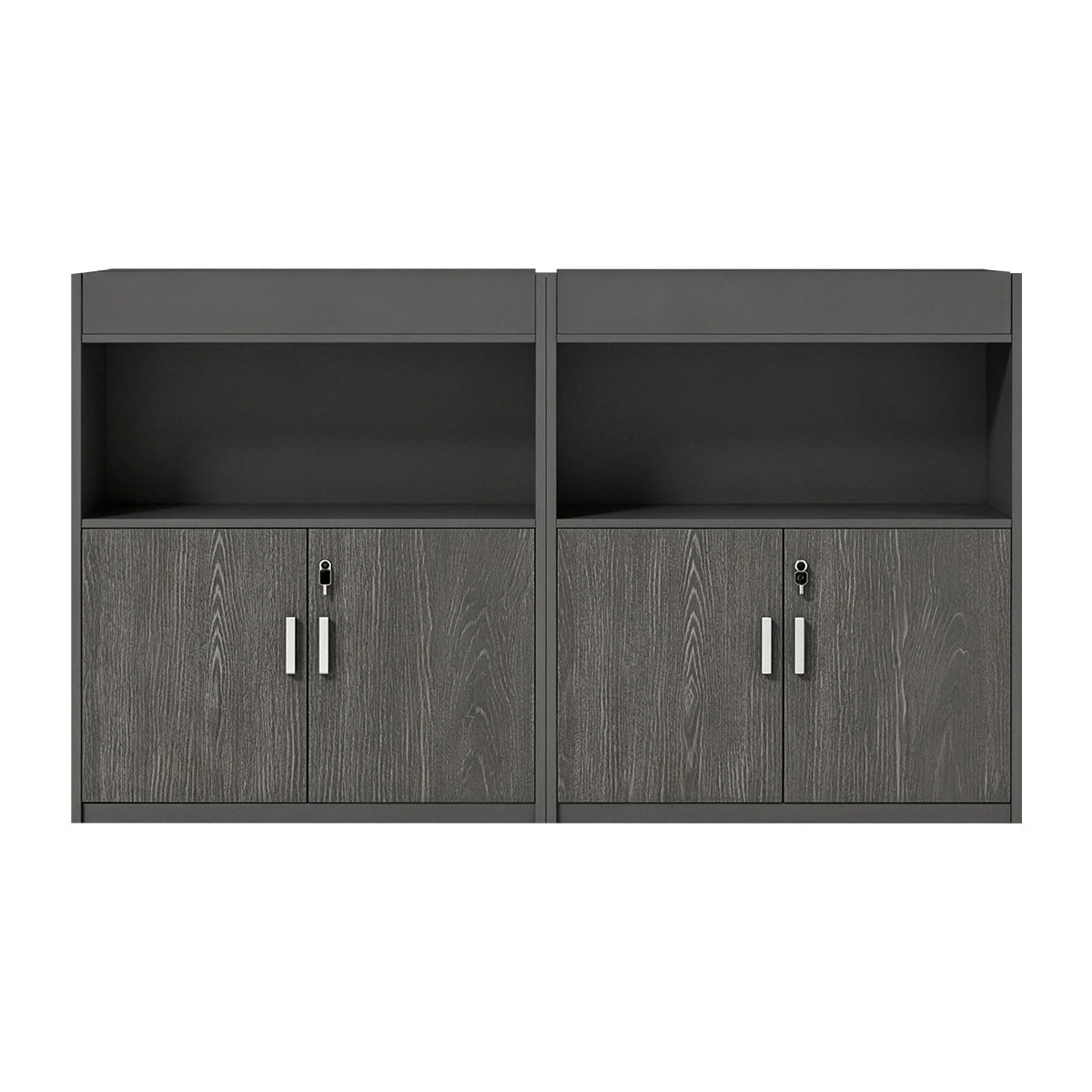 Scandinavian-Style Office Storage Cabinet with Open Cubbies and Wood-Tone Doors