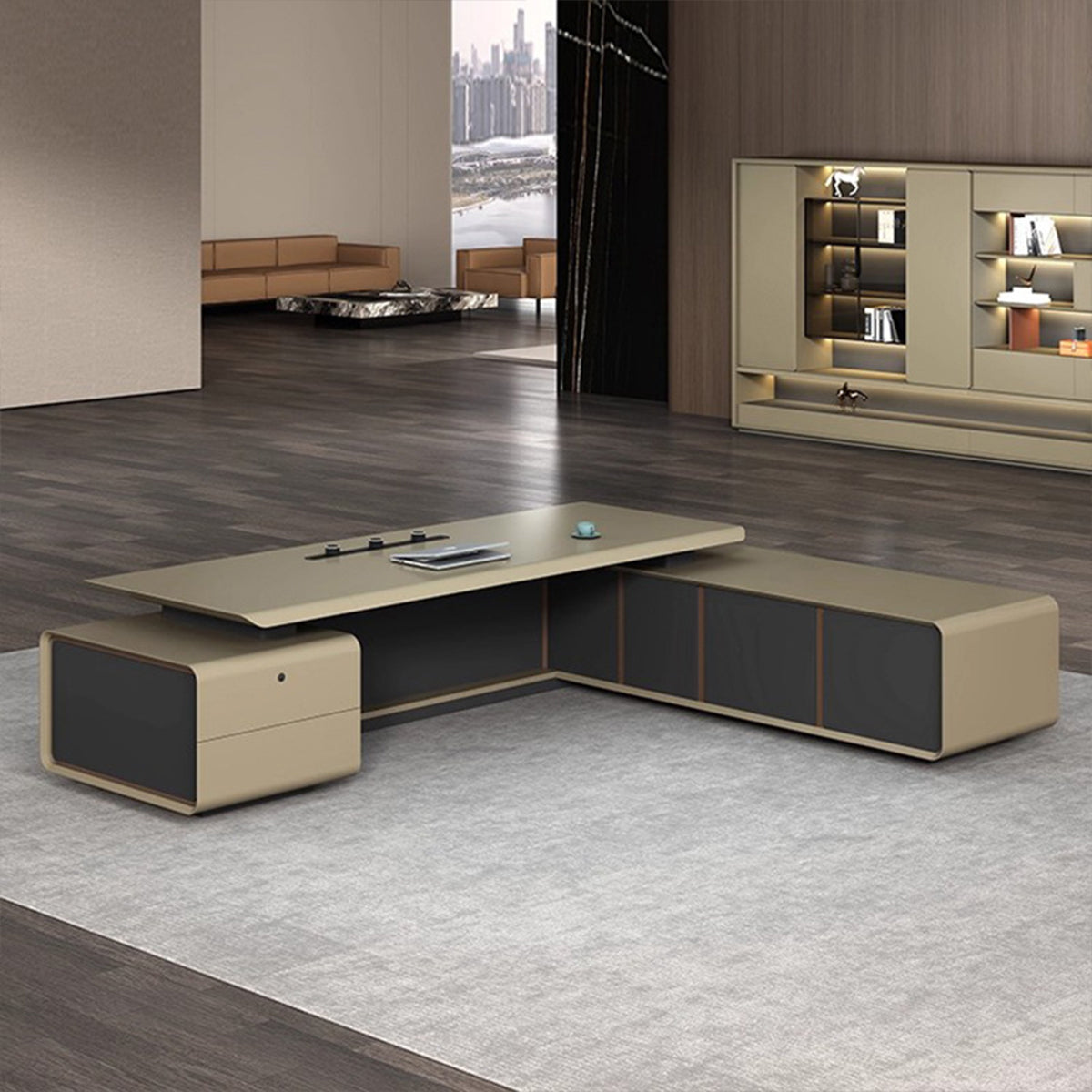 Functional Executive Desk with LED Lights & Built-In Power Rail