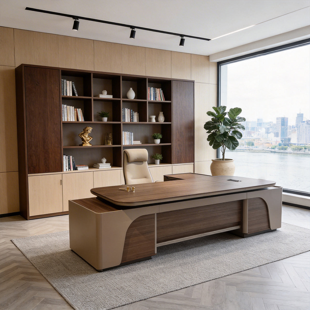 Durable Executive Desk with LED Lighting & Multi-Function Storage