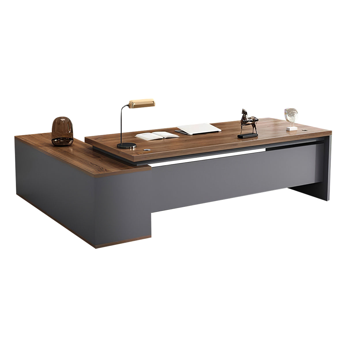 Modern L-Shaped Wood Grain Executive Desk with Storage Side Cabinet