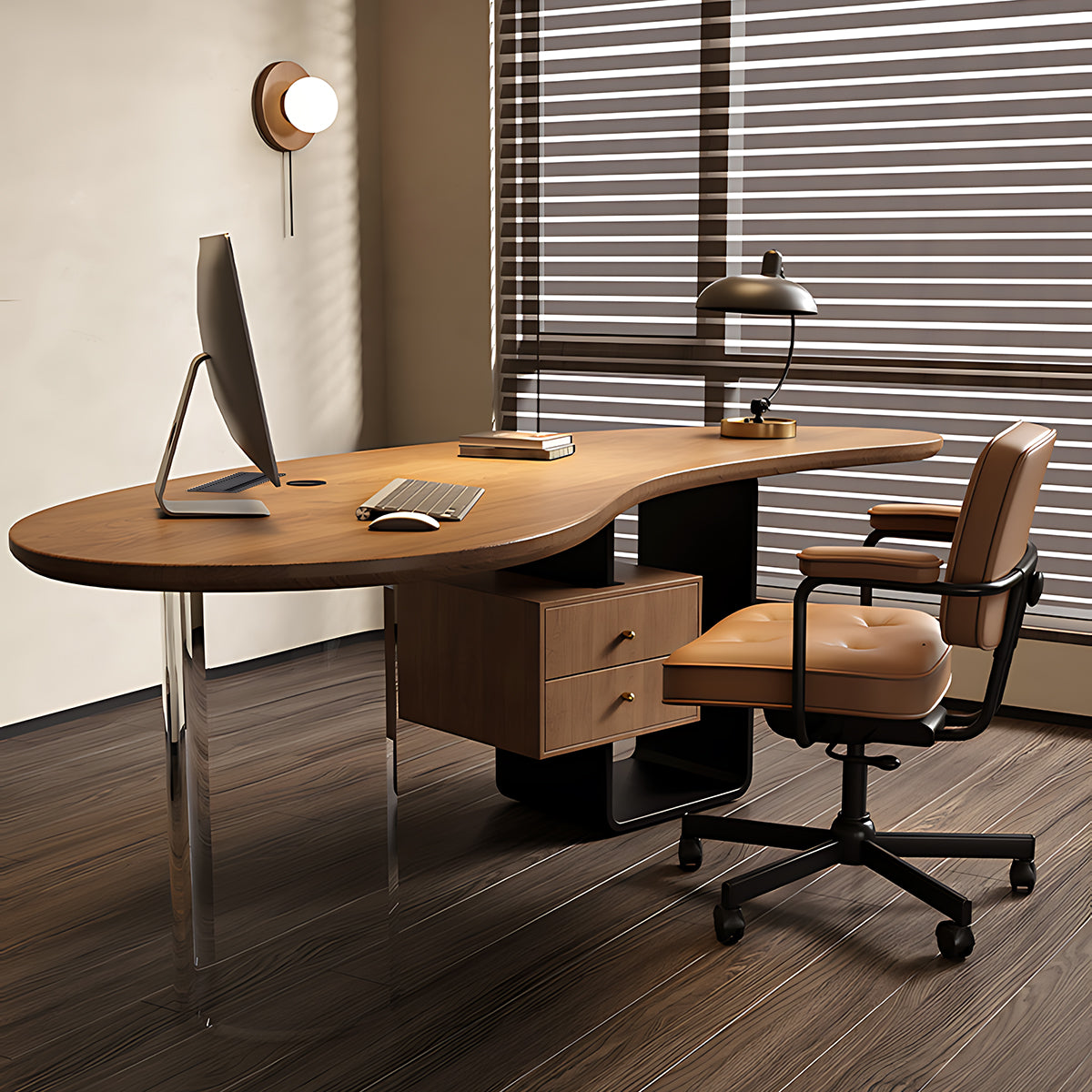 High-end Solid Wood Executive Desk Curved Cashew Floating Storage