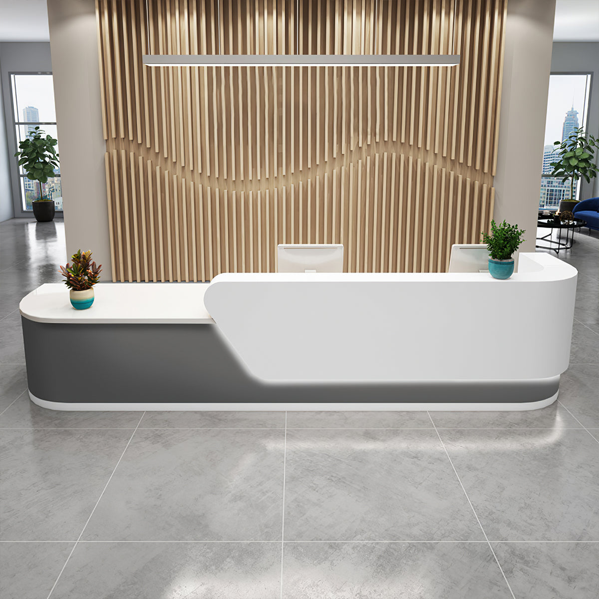Curved reception desk front view with lockable drawer
