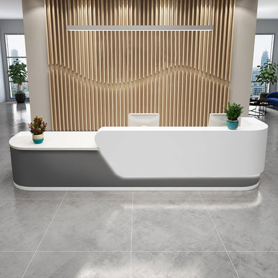 Curved reception desk front view with lockable drawer