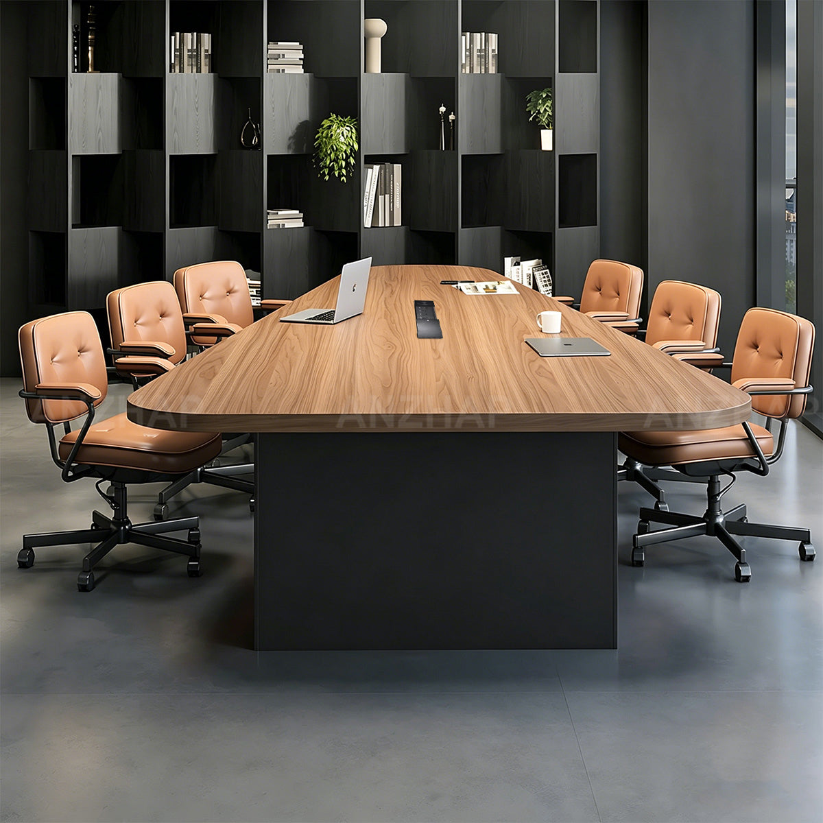 Solid Wood Executive Conference Table with Built-In Power Outlets and Curved Top