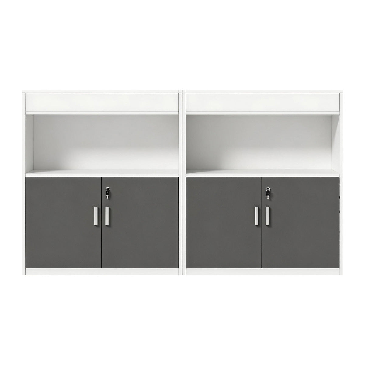 Scandinavian-Style Office Storage Cabinet with Open Cubbies and Wood-Tone Doors