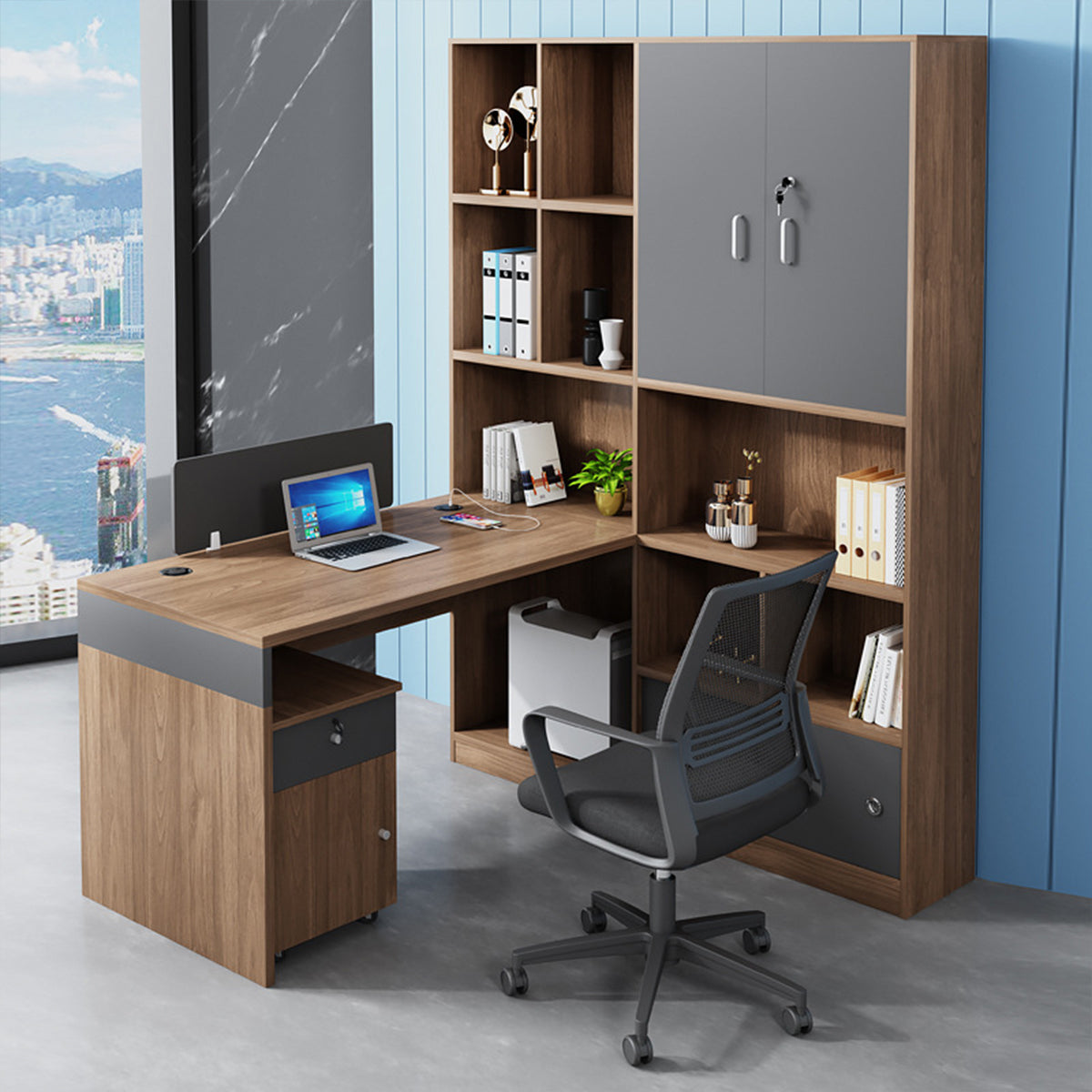 Space-Saving Office Desk with Privacy Panel and Storage for Open Offices