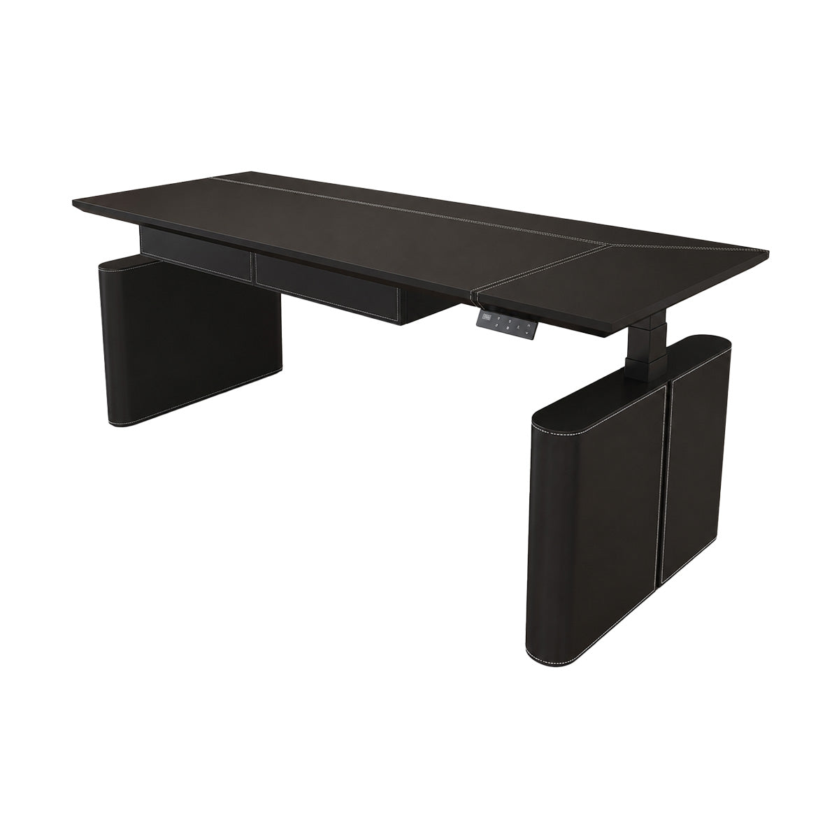 Electric Height-Adjustable Executive Desk with Power Hub and Saddle Leather Top