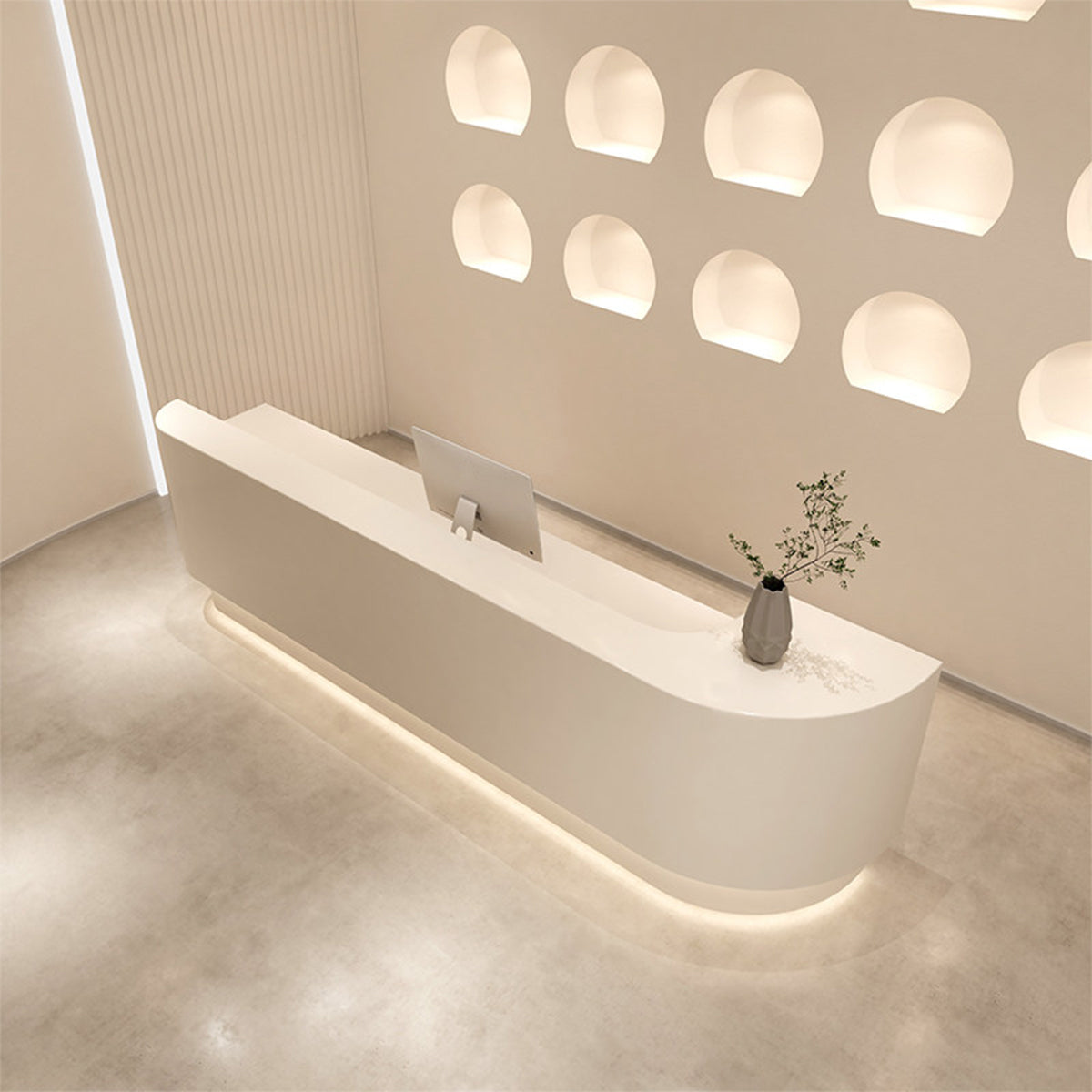 Modern Curved Reception Desk with LED Lighting, Locking Drawers, and Privacy Panel