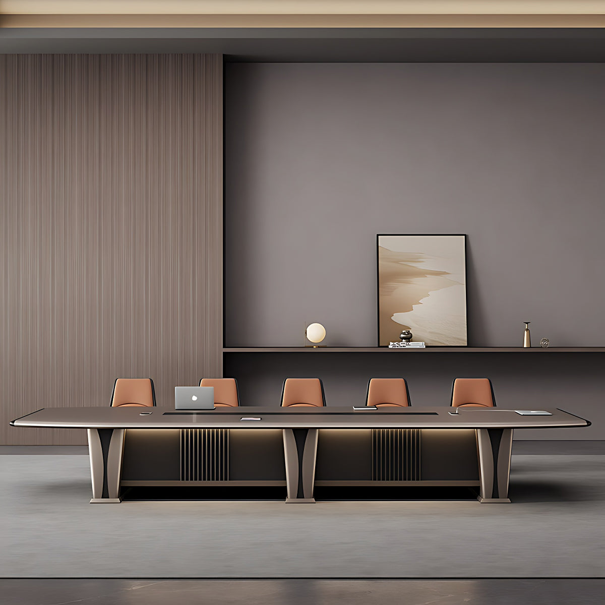 Luxury Brown Conference Table Featuring Practical Cable Grommet and Reinforced Thick Surface