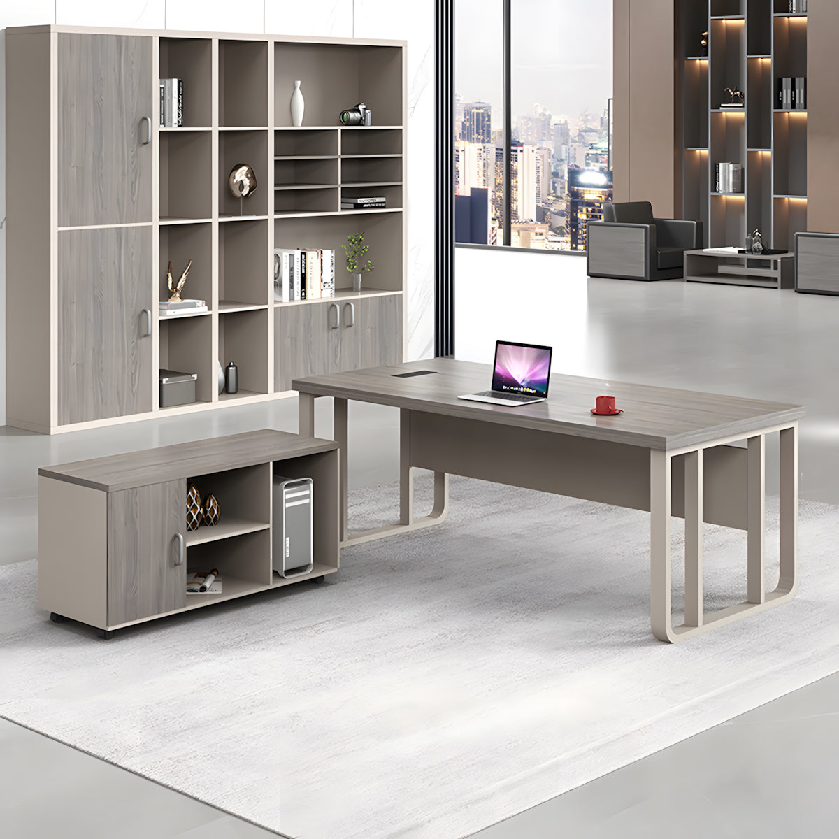 Executive Desk For Work Office Desk With side cabinet For PC With Vent Curtain Board with Wiring BOX