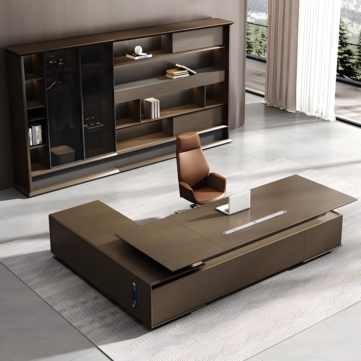L-Shaped Executive Desk, angled product view, Italian-Style Luxurious Dark Brown L-Shaped Executive Desk With Spacious Desktop Design finish, for...