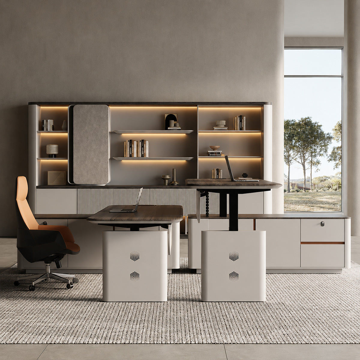 Anzhap height-adjustable executive desk with side storage, side storage view